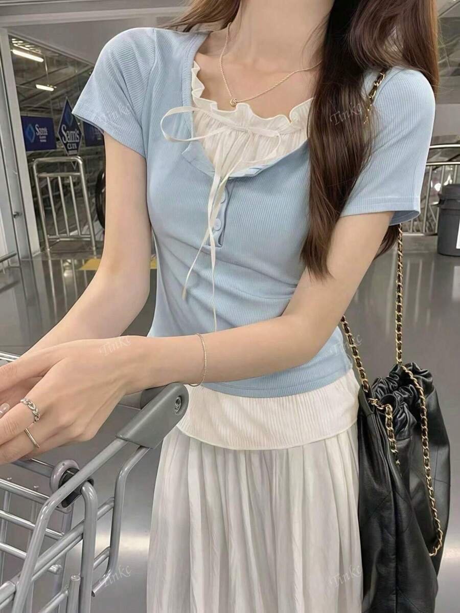 F14 STYLE Summer Tie-Up Color Block Tshirt image
