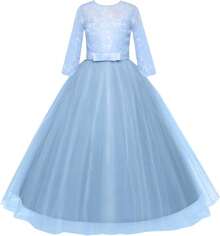 Girls Vintage Floral Lace 3/4 Sleeve Floor Length Dress - Wedding Pageant Formal Evening Gown - 藍色 - 查看 3