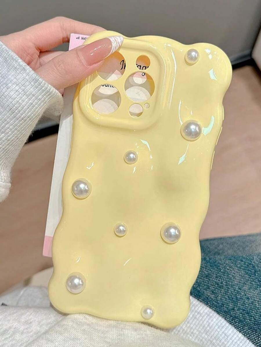 Luxury 3D Pearl Cube Solid Color Wave Pattern Soft Silicone Phone Case Compatible With IPhone 16 15 13 Pro Max 11 12 14 Pro Max Luxury Glossy Shockproof Case - Light Yellow - View 1
