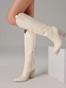 Knee High Cowboy Boots For Women Pointed Toe Chunky High Heels Pull-On Embroidered Boots Western Boots Wide Calf Cowgirl Boots - Màu be - Xem 2