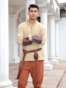 Medieval Inspired Drawstring Long Sleeve Shirt For Men, Viking Costume - Khaki - View 9