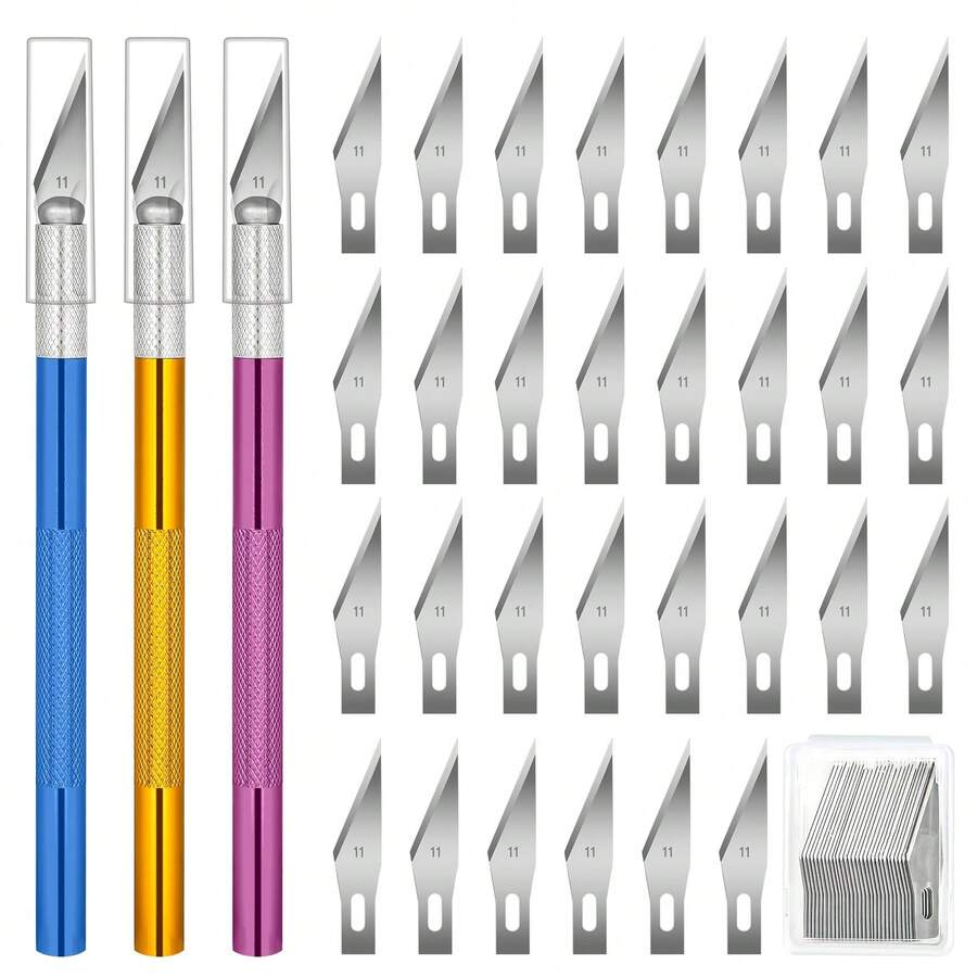 QIANCHUAN 3 PCS Exacto Knife, Hobby Knife, Craft Knives With 30 PCS Spare Exacto Knife Blades(#11),Profession Craft Knifes For Crafts, Arts, Modeling, Scrapbooking, Stencil By XEKIGU, AK0103