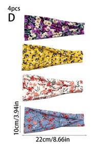 4er Set Damen Bandana Haarband mit Blumen Muster, dehnbar und rutschfest, geeignet für kurze und lange Haare, weiches Stoff Haarband, Geschenk für Mode-Accessoires für Mädchen