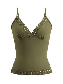 Y2K风格纯色露背修身性感蕾丝吊带背心，街头风毕业季必备单品，适合夏季海滩、约会、音乐节和演唱会等休闲场合。 - 軍綠色 - 查看 3