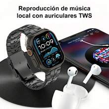 El reloj inteligente unisex Ultra 10+1 es un reloj deportivo multifuncional con batería integrada, pantalla digital, carga inalámbrica y llamadas Bluetooth. Admite hasta 100 modos de seguimiento de actividad y es compatible con sistemas Android e iOS, lo que lo convierte en el regalo ideal para hombres. - Negro - Ver 7