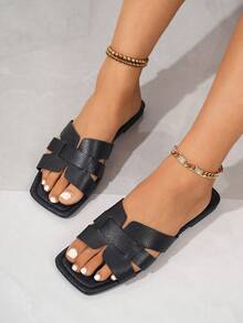 2025 New Women's Flat Slide Sandals, Fashion Square Toe Striped Casual Slippers For Summer - Black - View 2