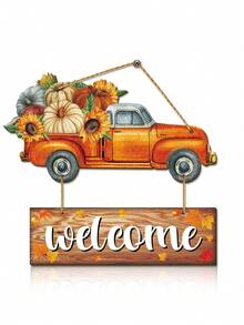 1Set/120Set Fall Home Decor Pumpkin Truck Wooden Door Sign Decor Welcome Wood Sign For Farmhouse Hanging Sign Decorative Wall Hanging Plaque Rustic Front Door Yard Kitchen Fall Harvest Decor - Multicolor - View 5
