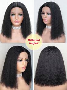 QVR QUEEN VIRGIN REMY Peluca bob con encaje T, cabello humano recto rizado, tipo yaki, cabello remy, encaje transparente, sin pegamento, color negro natural - Natural Black - Ver 3