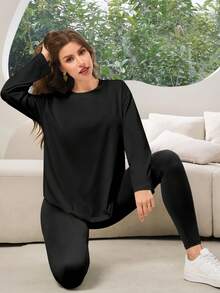 两件套女士休闲套装，包括圆领长袖上衣和裤子，适合居家休闲、运动休闲和户外穿着，秋冬季舒适保暖。 - 黑色 - 查看 6