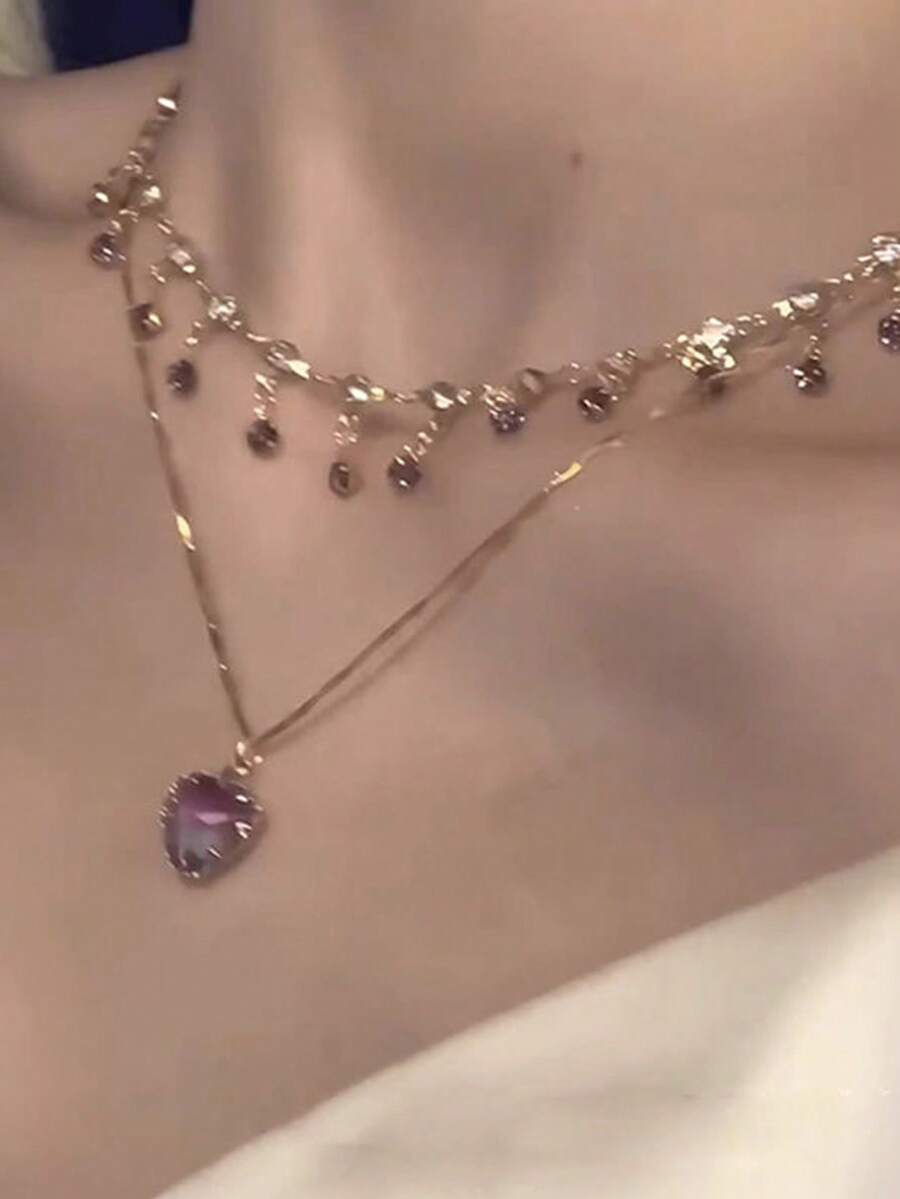 1 件紫色心形镶嵌多层项链，奢华骨链项链，适合女士 - 紫色 - 查看 1