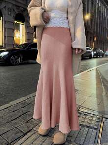 女士高腰针织美人鱼半身裙，垂坠效果，秋冬款 - 粉色 - 查看 2