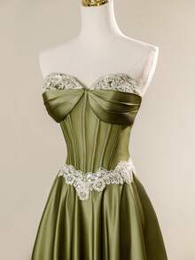 圣诞魅力缎面复古束腰A字长裙，别致伴娘礼服，姐妹晚礼服，派对礼服 - 綠色 - 查看 8