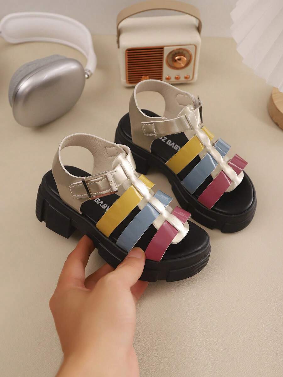 Girls' Outdoor Sandals, Summer New Round Toe Contrast Color Thick Sole Design, Anti-Slip, Fashionable & Elegant, Children Beach Roman Sandals - Black - View 1