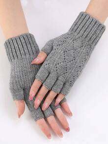 1双女士秋冬针织手套，带保暖内衬，户外保暖露指手套，时尚百搭袖套