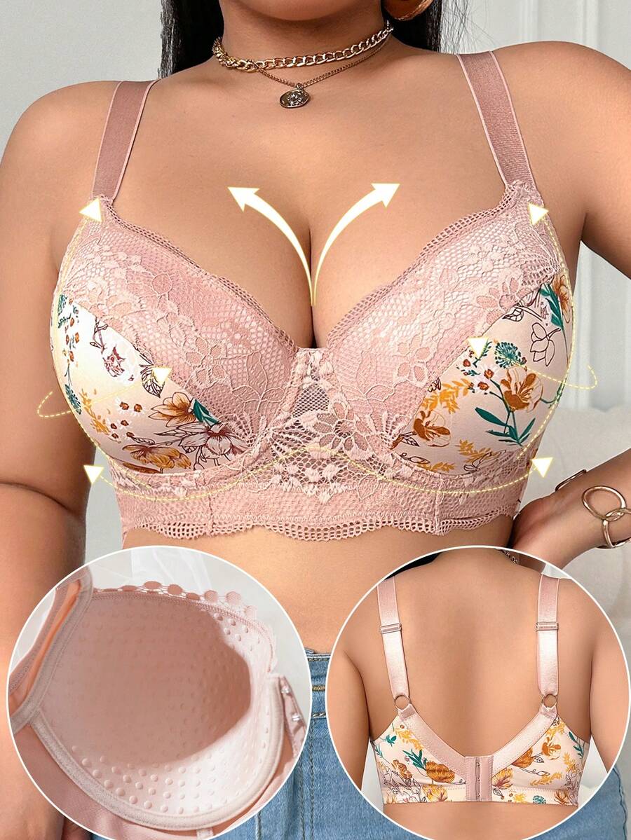 Plus Size Women Comfortable Everyday Lace Print Patchwork Bra With Underwire - Apricot - View 1