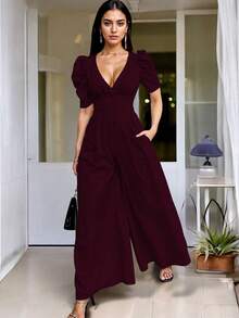 Mono de pierna ancha de manga farol escote profundo casual para mujer - Rojo violeta - Ver 2