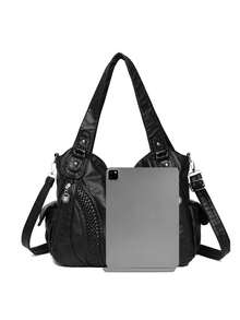 奢华高品质软皮手提包设计师复古斜挎包女士大容量单肩邮差包 - 黑色 - 查看 7