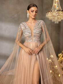 Faeriesty Faeriesty Luxurious Beaded Sequin Evening Gown – Plunging V-Neck With Bold Crystal Beading & Sheer Tulle Cape, Fluid A-Line Silhouette For Red Carpet Galas, Prom & Black Tie Affairs