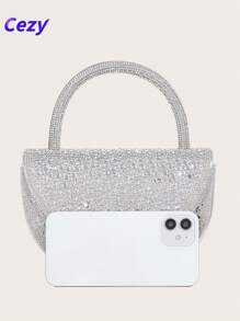 Cezy 1 pieza Elegante bolso de mano plateado de strass, forro de poliéster resistente - Correa para el hombro desmontable y cierre magnético - Clutch ligero para la noche, adecuado para bodas, fiestas y eventos formales