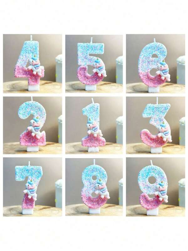 1 Vela de unicornio colorida, vela digital azul rosa con lentejuelas, velas de cumpleaños digitales del 0 al 9, adecuada para decoración de tartas de fiesta de cumpleaños, adecuada para decoración de tartas con tema de unicornio, decoración de tartas hecha a mano artesanal, la posición de las pequeñas lentejuelas es ligeramente diferente