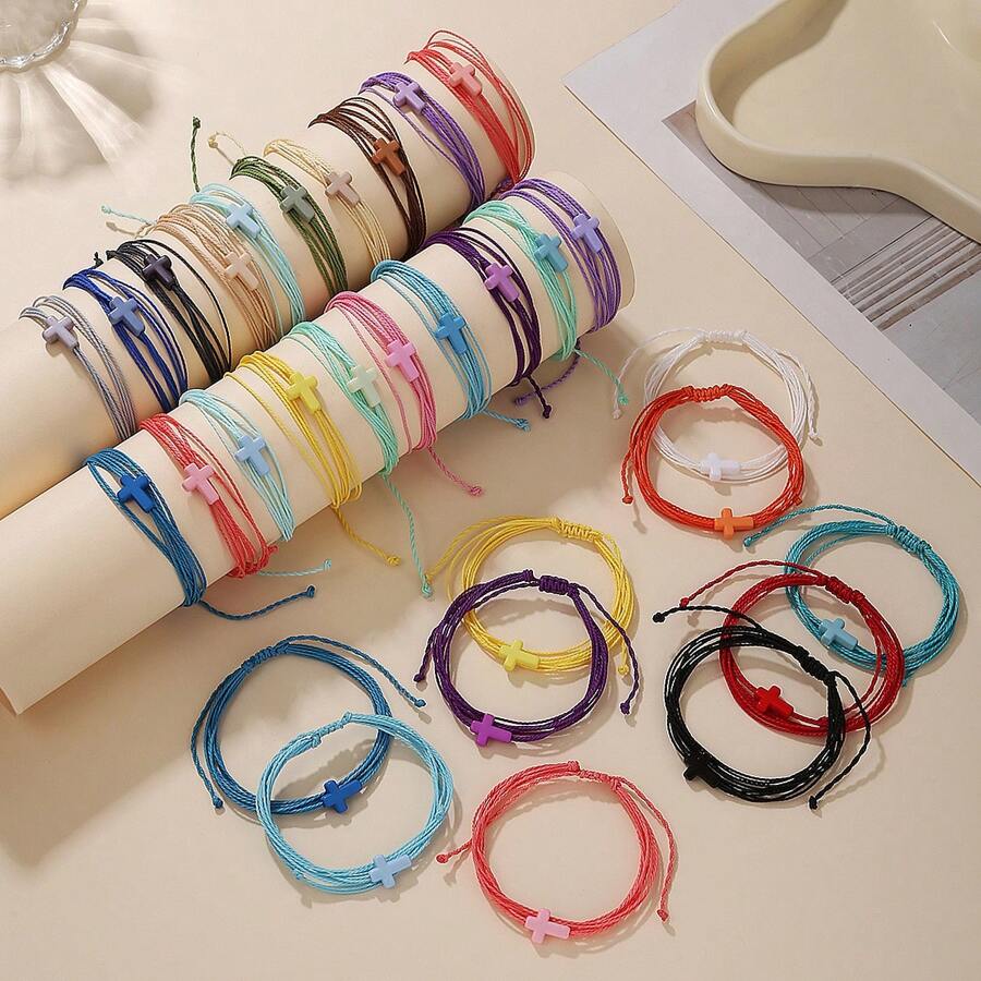 10pcs/Set Adjustable Braided Wax Cord Bracelet Anklet With Cross Charm, Colorful Set For Beach/Surfing