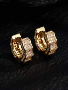 2 件男士方晶锆石耳钉，银色调铜色时尚珠宝派对礼物