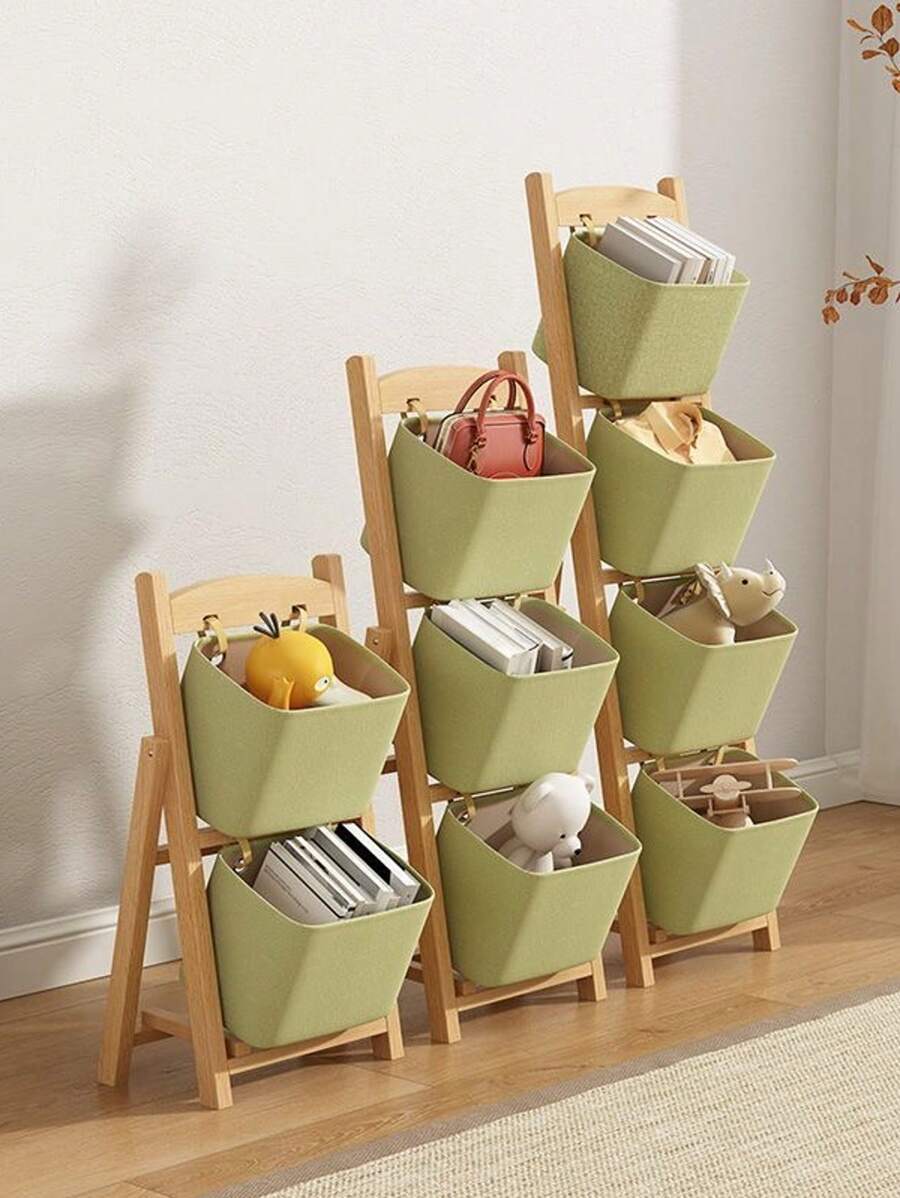 天然木质圣诞储物架套装，配有布艺手提箱 - 可堆叠玩具和礼品收纳架，适合客厅、卧室、宿舍的农舍家居装饰（易于组装）