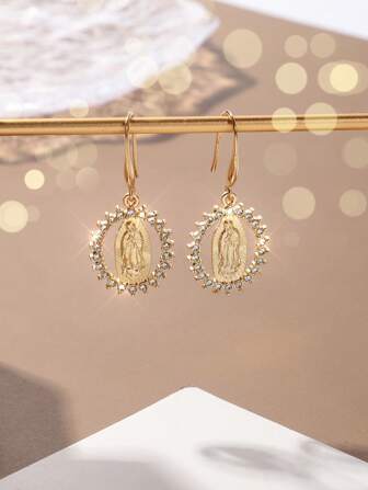 1ペア キュービックジルコニア装飾 プレートバージンマリア オーバルデザイン ドロップピアス、ゴールドミニマリスト、女性の結婚式 カトリック ジュエリー