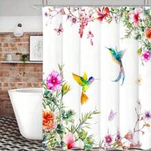 1pc Hummingbird And Flowers Shower Curtain Featuring Colorful Hummingbirds And Hibiscus Flowers In A Nature-Inspired Watercolor Design Bathroom Decor Polyester Fabric With 12 Hooks