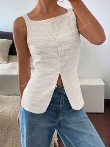 Elegante camisa sin mangas con cuello cuadrado para mujer, elegantes rayas onduladas, chaleco blanco, chaqueta premium, camisa de oficina para mujer
