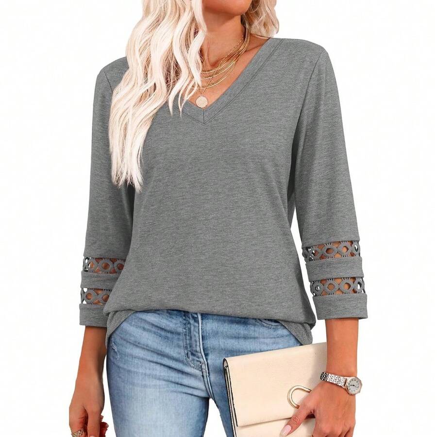 XIEERDUO 3/4 Length Sleeve Womens Tops Dressy Casual Blouses For Women 2025 V Neck T Shirts Summer Clothes - 灰色 - 查看 1