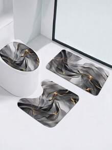 1/3pcs Modern Home Grey Ink Print Bath Mat Set, Flannel Bathroom Toilet Seat Cover, Anti-Slip Absorbent Soft Thickened Bathroom Mat Carpet With U-Shaped Toilet Seat Cover & Lid Cover
