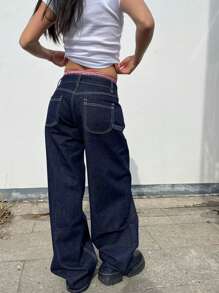 Y2K Streetwear Wide Leg Jeans Slant Pockets Wash Denim Pants Cozy High Quality Daily Casual Outdoor Back To School Fall For Women - 黑色 - 查看 2