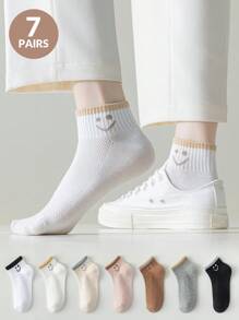 7 Pairs Of Women's Socks, Solid Color Striped Ribbed Mesh Versatile Women's Short Socks Ankle Socks, Daily Casual Wear