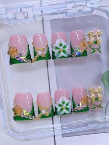 10pcs Y2K Nails Chic Duckbill Press On Nails Set - Handcrafted, Green Nails, Green French Style, Handmade 3D Flowers With Green Flower Core, Hand Drawn Black Zebra Stripes Design, Golden Little Flowers Element And Sparkling Rhinestone Butterfly Design, Sparkling Golden Bow And Cross Accents - Suitable For Women And Girls, Party, Wedding, Daily Wear, Includes Tool Kit. Duck Nails. Handmade Press On Nails. Fake Nails. Nail Supplie - 彩色 - 查看 3