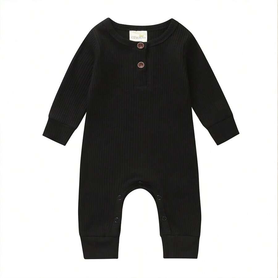 Newborn Baby Boy Girl Knitted Rib Romper Infant One Piece Jumpsuit Cotton Solid Long Sleeve  Bodysuit Basic Coming Home Outfits - Black - View 1