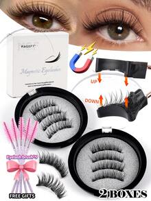MAGEFY 两副可重复使用的磁性假睫毛套装，包含磁性夹子和5支睫毛刷，卷翘浓密，女士礼物，易于佩戴和卸除，妆效自然，旅行必备，适合海滩度假、露营、返校季等场合的化妆工具 - 自然纖長款 - 查看 2