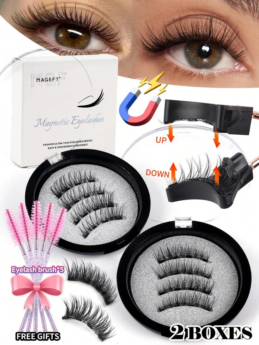 MAGEFY 两副可重复使用的磁性假睫毛套装，包含磁性夹子和5支睫毛刷，卷翘浓密，女士礼物，易于佩戴和卸除，妆效自然，旅行必备，适合海滩度假、露营、返校季等场合的化妆工具