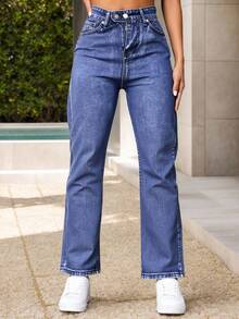 1 pieza mezclilla pantalon para mujer,rigido,mom jeans,comodidad,casual. - Azul lavado oscuro - Ver 2