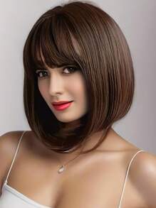 12 Inch Heat-Resistant Deep Brown Bob Wig, With Bangs, Straight Hair, Easy To Style, Suitable For All Occasions For Women