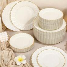 Ivory Plastic Plates With Gold Rim Heavy Duty Disposable Plates For Dessert, Appetizer, Holiday, Wedding, Party(80 Pcs,Ivory) - Multicolor - View 6