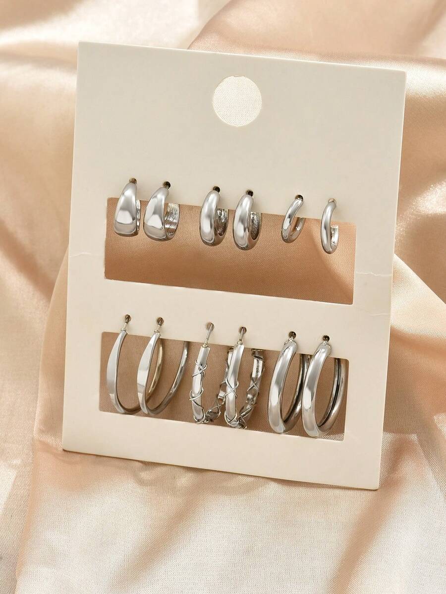 6 对几何创意时尚简约日常百搭精致小耳环，适合女士 - 銀色 - 查看 1