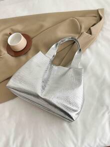 2025新款大容量手提包，亮面简约女士时尚百搭通勤托特包 - 銀色 - 查看 9