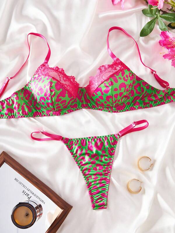 Simple Chic Leopard Lace Patchwork Sexy Women Lingerie Set, 2pcs