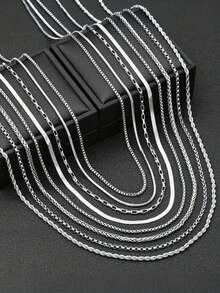 8pcs Stainless Steel Titanium Steel Men's Necklace Set, Including Round, Snake, Basketball, Water Chain, Stainless Steel Choker Necklaces, Suitable For Daily Wear - Silver - View 1