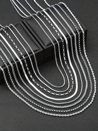 8pcs/Set Fashion Stainless Steel Men's Titanium Steel Box Chain Necklace Round Snake Chain Basketball Chain Water Chain Stainless Steel Collar Bone Necklace Jewelry Set For Men's Daily Use