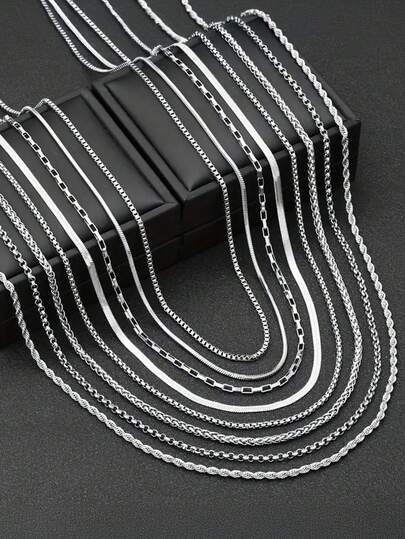 8pcs Stainless Steel Titanium Steel Men's Necklace Set, Including Round, Snake, Basketball, Water Chain, Stainless Steel Choker Necklaces, Suitable For Daily Wear