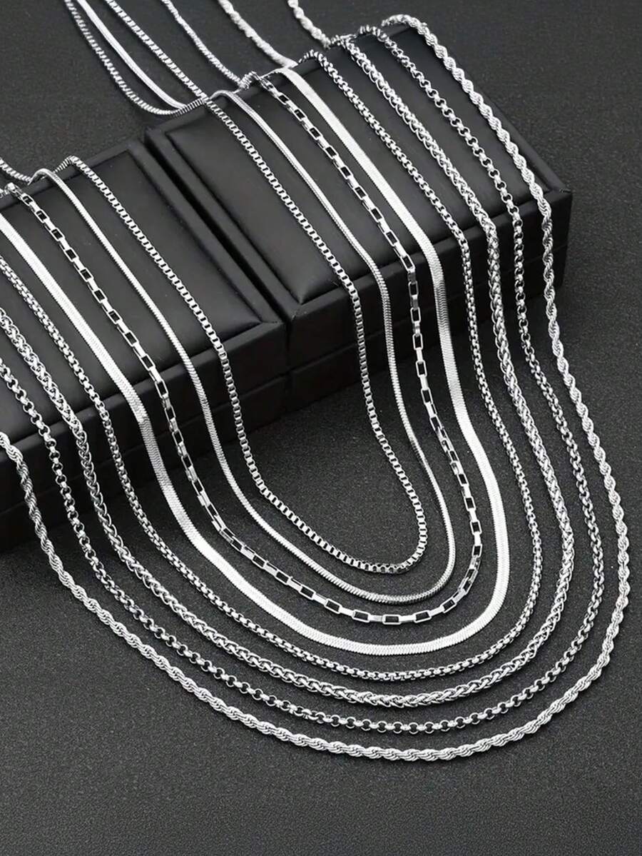 8pcs Stainless Steel Titanium Steel Men's Necklace Set, Including Round, Snake, Basketball, Water Chain, Stainless Steel Choker Necklaces, Suitable For Daily Wear - Silver - View 1