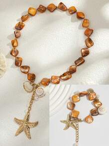 Bohemian Style Vintage Ocean Element Luxury Beaded Necklace And Bracelet Set, Metal Starfish Pendant Faux Pearl Collarbone Necklace For Women, Daily Wear And Beach Vacation Decoration, Gift Jewelry Set. Shell Shape Pattern Color Random.