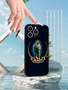 1pc St. Jude Tobias Religious Pattern Frosted Texture Mobile Phone Case With Lens Protection And Drop-Proof Design, Suitable For IPhone 11, 12, 13, 14, 15, 16 Pro Max And Other Models - 黑色 - 查看 5